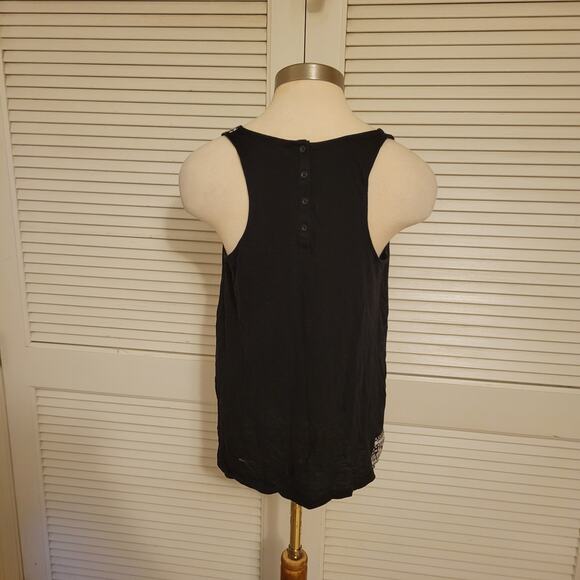 Embroidered Boho Tank Top Caslon Black White Button Back Flowy Large - Picture 4 of 6